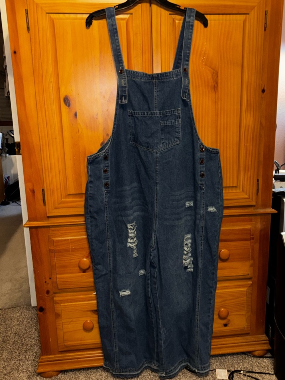 Distressed Dark Blue Denim cropped Overalls in 2X
